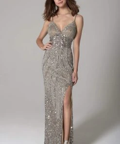 SCALA - 60127 V-Neckline Beads And Sequins Sheath Dress