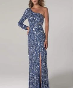 SCALA - 60128 Single Sleeve Asymmetrical Sequin Sheath Dress