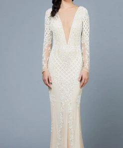 SCALA - 60175 Plunging Illusion Jewel Beaded Long Dress