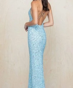 Scala - 60218 Chain Strap Open Back V-Neck High Slit Sequin Gown