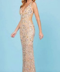 SCALA - 60294 V-Neck Cutouts Sequin Gown