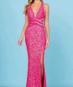 SCALA - 60301 V-Neck Sequin High Slit Gown