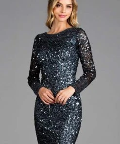 SCALA - Bedazzled Long Sleeve Bateau Sheath Dress 48884 - 1 Pc Charcoal In Size 6 Available