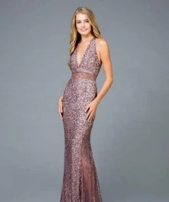 SCALA - Sequined Deep V-neck Fitted Dress 48983 - 1 Pc Amethyst In Size 2 Available