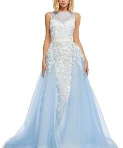 Sherri Hill - 50768 Applique Bateau Sheath Dress With Overskirt