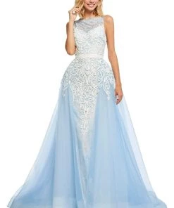 Sherri Hill - 50768 Applique Bateau Sheath Dress With Overskirt