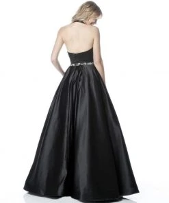 Sherri Hill - 51588 Deep V Halter Bodice Ballgown With Beaded Belt