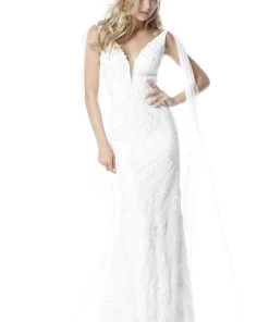 Sherri Hill - 51599 Beaded Lace Deep V-Neck Dress With Chiffon Drapes