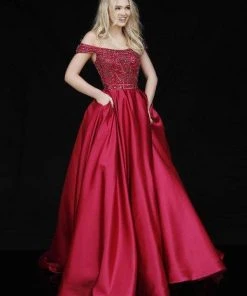 Sherri Hill - 51610 Beaded Satin Off The Shoulder Long Dress