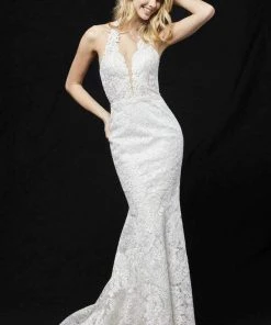 Sherri Hill - 51616 Deep Halter Metallic Lace Mermaid Gown