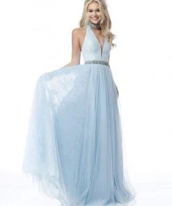 Sherri Hill - 51637 Sequined Deep Halter V-neck Chiffon A-line Dress