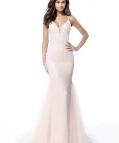 Sherri Hill - 51645 Beaded Deep V-Neck Sheath Dress With Tulle Train
