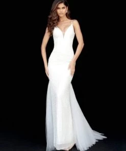 Sherri Hill - 51645 Beaded Deep V-Neck Sheath Dress With Tulle Train