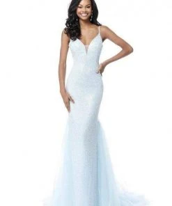 Sherri Hill - 51645 Beaded Deep V-Neck Sheath Dress With Tulle Train