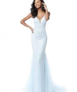 Sherri Hill - 51645 Beaded Deep V-Neck Sheath Dress With Tulle Train