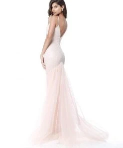 Sherri Hill - 51645 Beaded Deep V-Neck Sheath Dress With Tulle Train