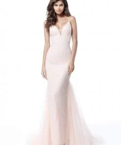 Sherri Hill - 51645 Beaded Deep V-Neck Sheath Dress With Tulle Train