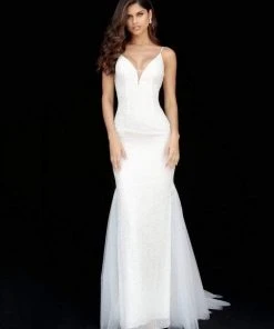 Sherri Hill - 51645 Beaded Deep V-Neck Sheath Dress With Tulle Train