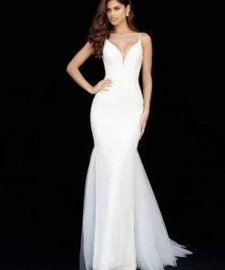 Sherri Hill - 51645 Beaded Deep V-Neck Sheath Dress With Tulle Train