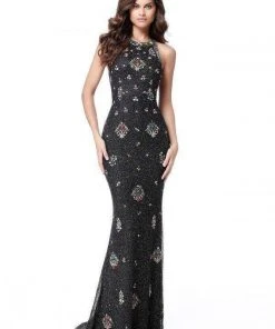 Sherri Hill - 51661 Beaded Halter Trumpet Dress With Train