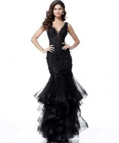Sherri Hill - 51683 Lace Deep V-neck Ruffle Tulle Mermaid Dress