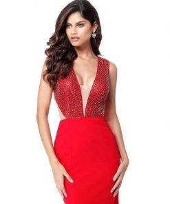 Sherri Hill - 51699 Beaded Plunging V-Neck Sheath Dress