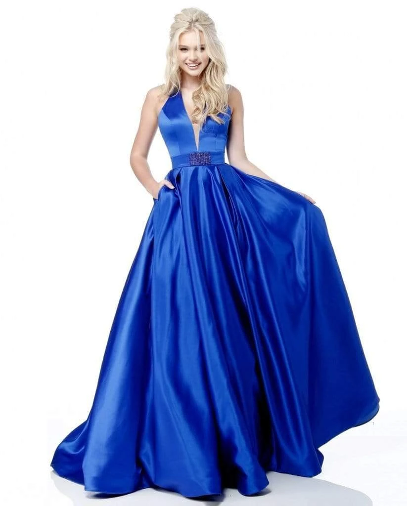 Sherri Hill - 51729 Deep V Neck Halter Bodice Satin Ballgown 7 Sherri Hill - 51729 Deep V Neck Halter Bodice Satin Ballgown