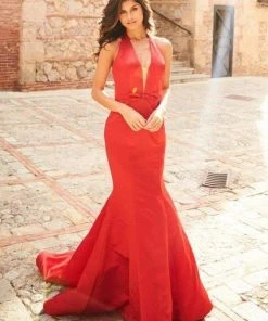 Sherri Hill - 51764 Halter Deep V Neck Satin Mermaid Gown