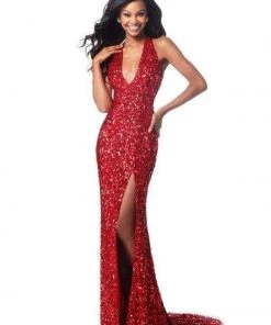 Sherri Hill - 51785 Deep V Neck Fitted Sequin Gown