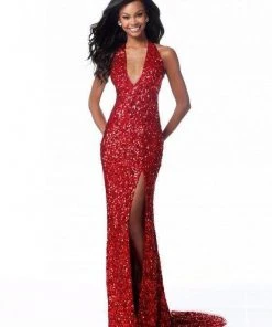 Sherri Hill - 51785 Deep V Neck Fitted Sequin Gown