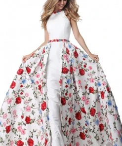 Sherri Hill - 51796 Halter Fitted Dress With Floral Print Overskirt