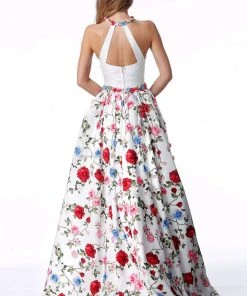 Sherri Hill - 51796 Halter Fitted Dress With Floral Print Overskirt