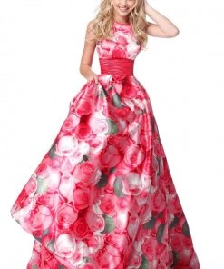 Sherri Hill - 51800 Taffeta Halter Floral Print Ballgown