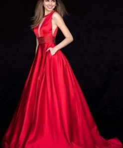 Sherri Hill - 51802 Beaded Halter Neck Satin Ballgown With Open Back