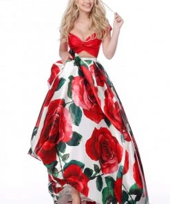 Sherri Hill - 51815 Plunging Off-Shoulder Floral Taffeta Ballgown