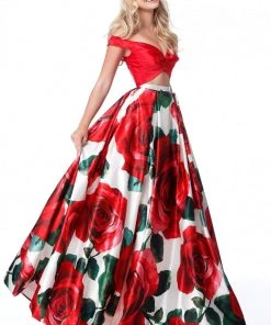 Sherri Hill - 51815 Plunging Off-Shoulder Floral Taffeta Ballgown 10 Sherri Hill - 51815 Plunging Off-Shoulder Floral Taffeta Ballgown