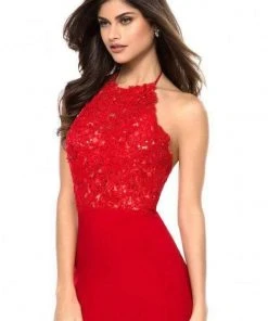 Sherri Hill - 51844 Lace Appliqued Halter Sheath Dress