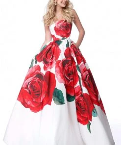 Sherri Hill - 51887 Strapless Floral Print Semi-Sweetheart Ballgown