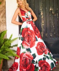 Sherri Hill - 51888 Floral Print Deep V-Neck Ballgown