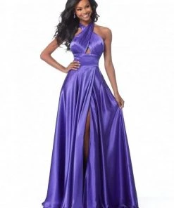 Sherri Hill - 51897 Crisscross Halter Long A Line Satin Dress