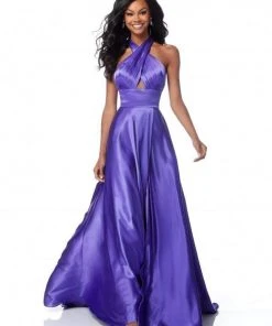 Sherri Hill - 51897 Crisscross Halter Long A Line Satin Dress