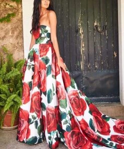 Sherri Hill - 51926 Strapless Floral Print Ballgown With Train