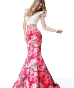 Sherri Hill - 51927 Two Piece Off-Shoulder Floral Print Mermaid Dress