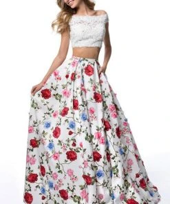 Sherri Hill - 51964 Two Piece Lace Bateau Floral Print Ballgown
