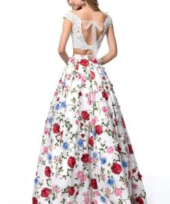Sherri Hill - 51964 Two Piece Lace Bateau Floral Print Ballgown