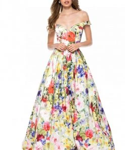 Sherri Hill - 52004 Off-Shoulder Satin Floral Print Ballgown