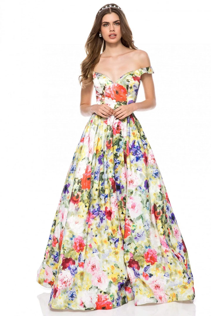 Sherri Hill - 52004 Off-Shoulder Satin Floral Print Ballgown 3 Sherri Hill - 52004 Off-Shoulder Satin Floral Print Ballgown