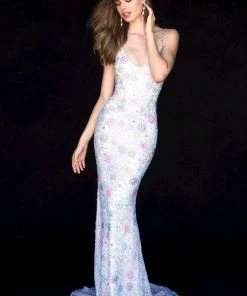 Sherri Hill - 52007 Beaded Deep V-Neck Sheath Dress With Train