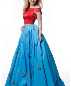 Sherri Hill - 52030 Cap Sleeve Satin Cherry Print Ballgown
