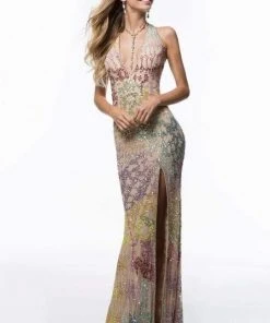 Sherri Hill - 52032 Beaded Deep Halter V-neck Dress With Open Back